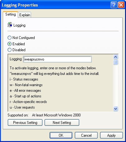 Enabling verbose Windows Installer logging through Administrative Template policy