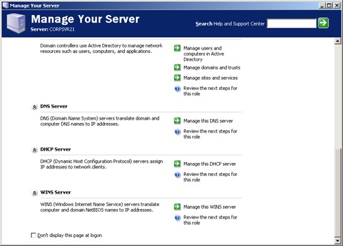Manage Your Server provides quick access to frequently used tools and information.