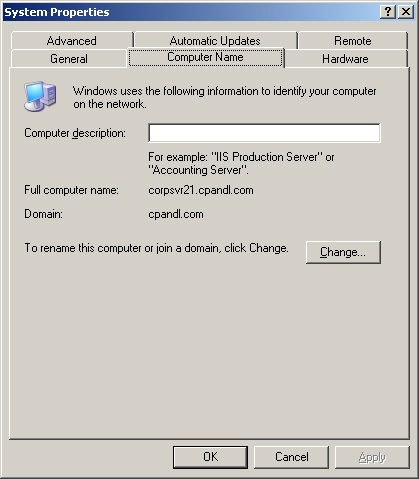 Use the Computer Name tab to display and configure system identification. Notice that you can’t change the identification or access information for domain controllers.