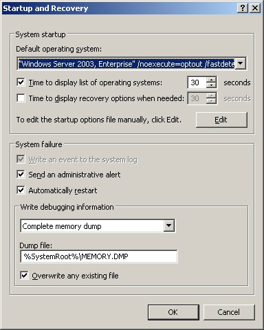The Startup And Recovery dialog box lets you configure system startup and recovery procedures.