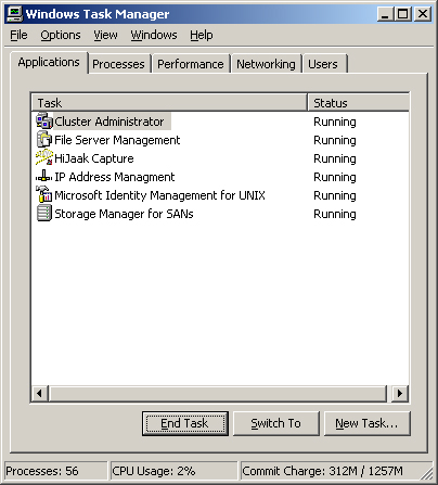 The Applications tab of the Windows Task Manager shows the status of programs currently running on the system.