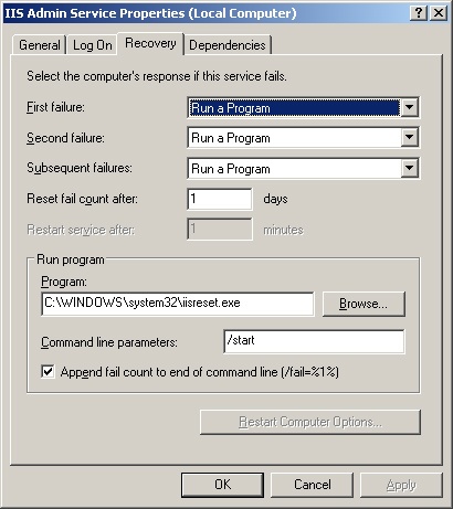 Use the Recovery tab to specify actions that should be taken in case of service failure.