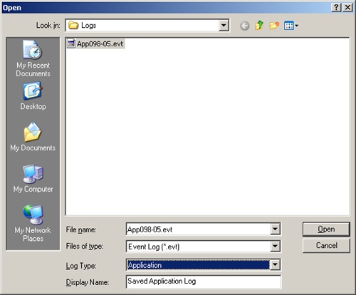 Use the Open dialog box to open the saved event log in a new view.