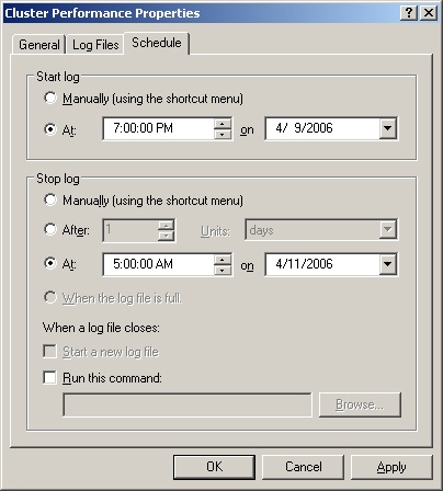 Use the Schedule tab to specify when logging starts and stops.