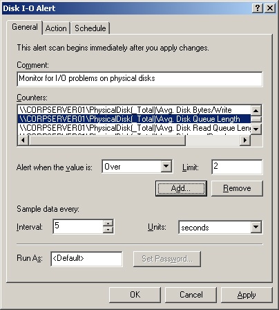 Use the Disk I-O Alert dialog box to configure counters that trigger alerts.