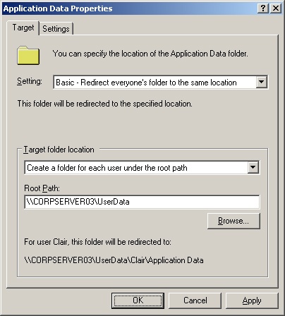 Set options for redirection using the Application Data Properties dialog box.