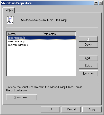 Add, edit, and remove computer scripts using the Shutdown Properties dialog box.