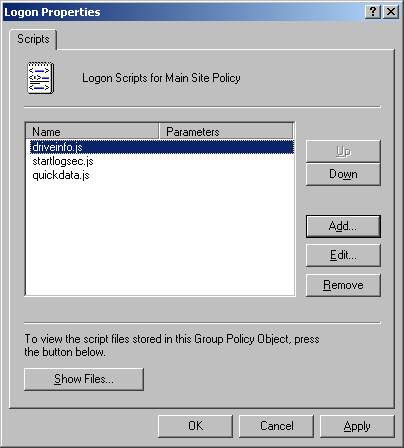 Add, edit, and remove user scripts using the Logon Properties dialog box.