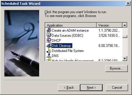 Use the Scheduled Task Wizard to select a program to run. Click Browse to find scripts and other applications.