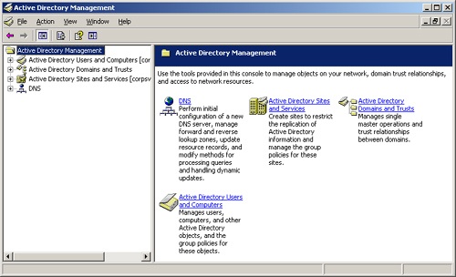 Active Directory Management provides easy access to key directory management tools.