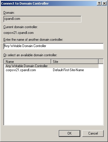 Select a new domain controller to work with using the Connect To Domain Controller dialog box.