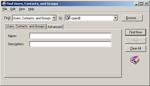 Use the Find dialog box to find resources in Active Directory.