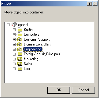Move computer accounts to different containers using the Move dialog box.