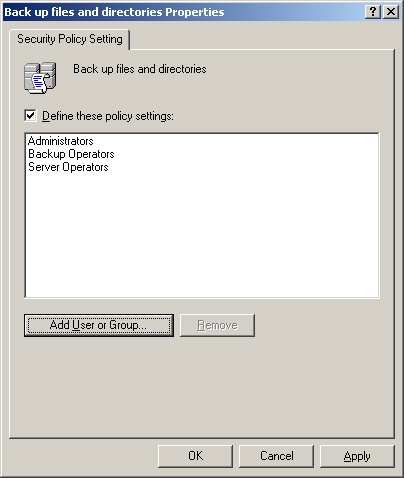 Use the Properties dialog box to define the user right and then apply the right to users and groups.