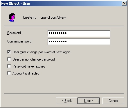 Use the New Object - User Wizard to configure the user’s password.