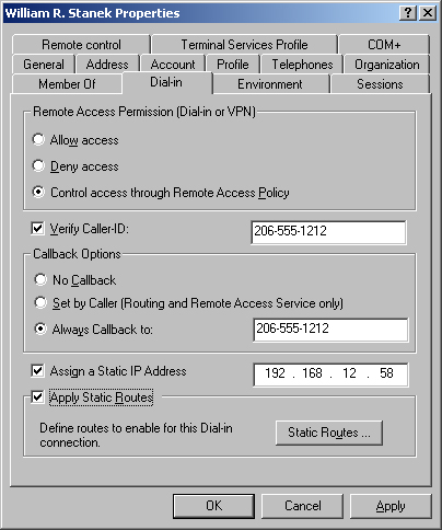 Dial-in privileges control remote access to the network.