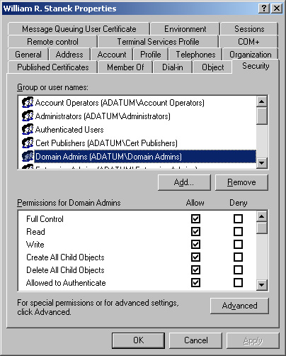 Use the Security tab to configure object permissions.