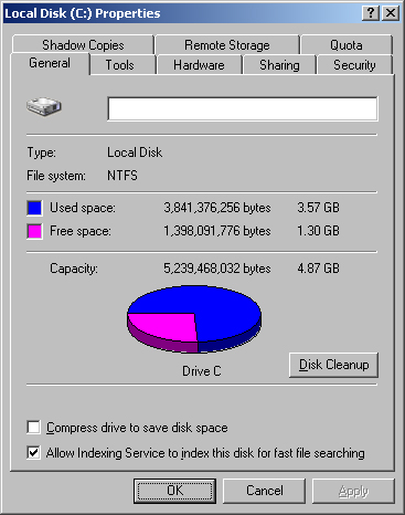 The General tab of the Properties dialog box provides detailed information about a drive.
