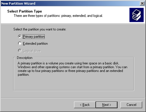 Use the New Partition Wizard to select a partition type.
