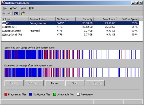 Disk Defragmenter efficiently analyzes and defragments disks. The more frequently data is updated on drives, the more often you’ll need to run this utility.