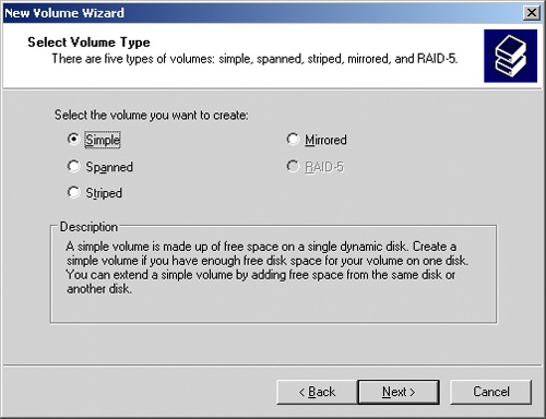 Use the New Volume Wizard to select a volume type.