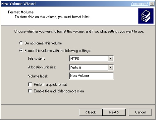 Format a volume by specifying its file system type and volume label.