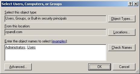 Add users and groups to the share using the Select Users, Computers, Or Groups dialog box.