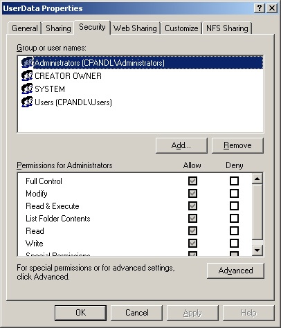 Use the Security tab to configure basic permissions for the file or folder.