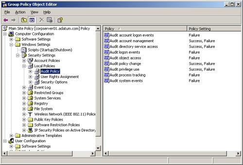 Set auditing policies using the Audit Policy node in Group Policy.