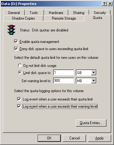 After you enable quota management, you can configure a quota limit and quota warning for all users. If you’ve already set these values through Group Policy, the options are dimmed and you can’t change them.