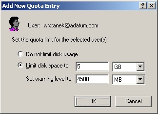 Use the Add New Quota Entry dialog box to customize the user’s quota limit and warning level or remove quota restrictions altogether.