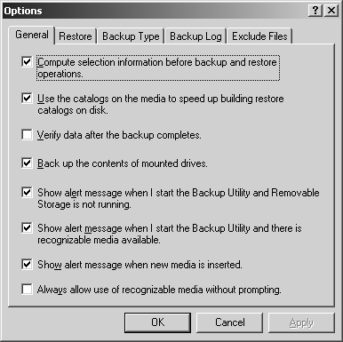 Use the General tab of the Options dialog box to set default options for the Backup utility.