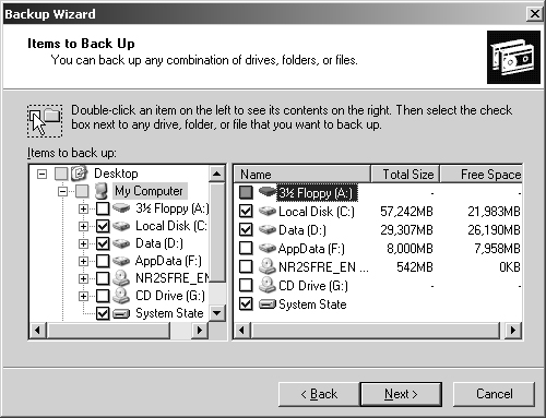 If you’re backing up selected data, choose the drives, folders, and files to back up.
