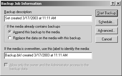 Use the Backup Job Information dialog box to configure backup options and information as necessary, and then click Start Backup.