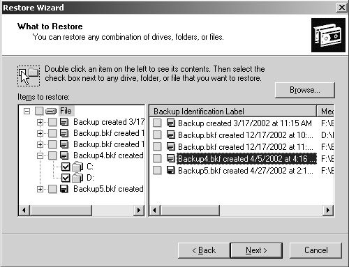 Use the Restore Wizard to select the files and folders to restore.