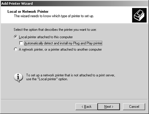 If you’re logged on locally and want to install a local print device, select Local Printer Attached To This Computer.