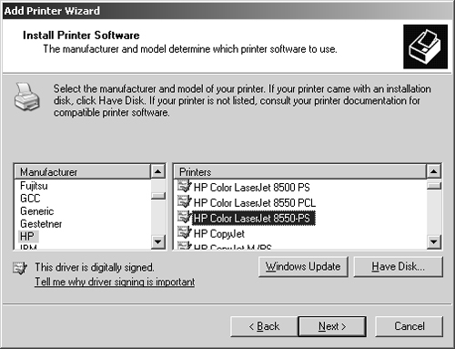 Select a print device manufacturer and printer model with the Add Printer Wizard.