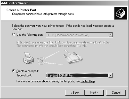 Use the Select A Printer Port page to configure a TCP/IP port for the network-attached printer.