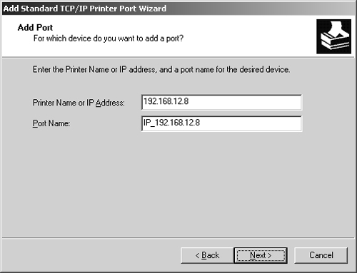 Use the Add Port page to enter the IP address of the network printer.