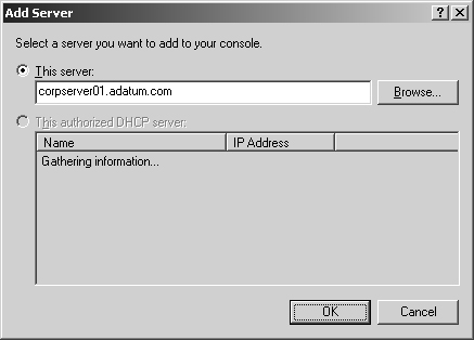 If your DHCP server isn’t listed, you’ll need to use the Add Server dialog box to add it to the DHCP console.