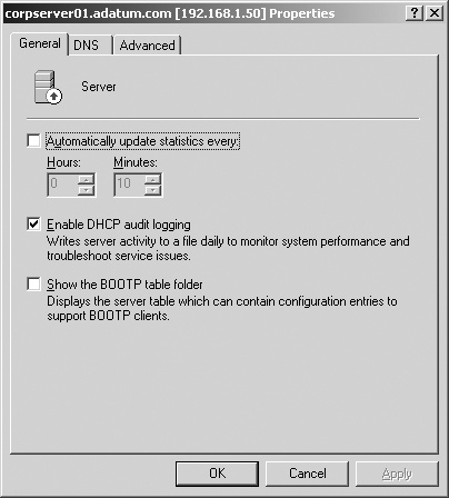 You can control statistics, auditing, DNS integration, and other options through the DHCP server Properties dialog box.