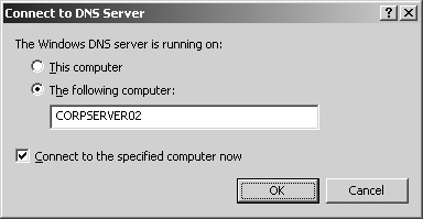 Connect to a local or remote server through the Connect To DNS Server dialog box.