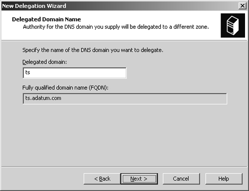 Entering the name of the delegated domain sets the FQDN.
