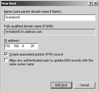 Create A records and PTR records simultaneously with the New Host dialog box.