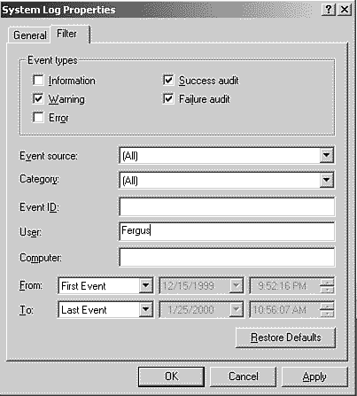 Filtering allows you to narrow in on events that aevent logfiltering/searching filteringevent log log filesevent logfiltering/searching searchingevent log Event Viewerfiltering/searching event logparticular process generated or on certain types of events.