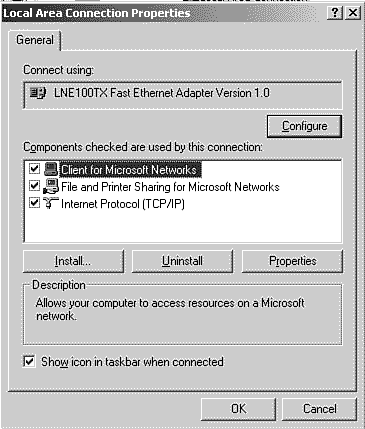 Windows 2000 Professional gives you a single centralizednetworkingconnectionsconfiguring connectionsnetworkconfiguring configuringnetwork connections Local Area Connection Properties dialog box dialog boxesLocal Area Connection Propertieslocation for configuring all network connections.