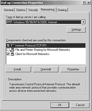 In this example, the settingsnetworkingdial-up connectionscreating dial-up connectionscreatingprivate networks connectionsdial-upcreating private network connectionscreating are appropriate for connections to business networks. For an Internet connection, deselect the Client for Microsoft Networks check box.