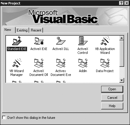 Project creation dialogue in Visual Basic.