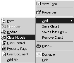 New class creation menu for Visual Basic.