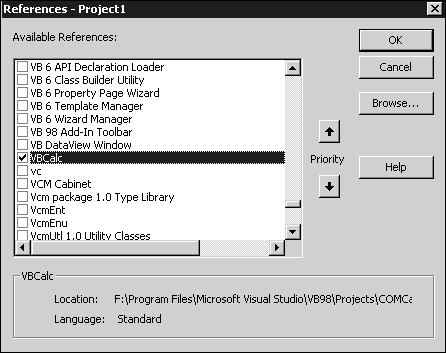 The Project References dialogue box: a listing of registered type libraries.